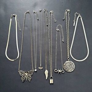 Silver Jewellery Lot Bundle Layering Lengths 9pcs Silver tone Chain Necklaces